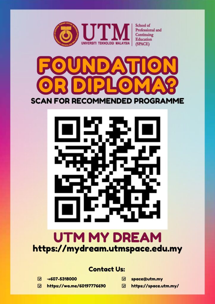 Calon lepasan Sijil Pelajaran Malaysia (SPM), semakan kelayakan untuk melanjutkan pengajian ke peringkat Asasi UTM dan Diploma UTM boleh dilakukan dengan pantas menerusi Sistem UTM My Dream di pautan https://mydream.utmspace.edu.my/spm