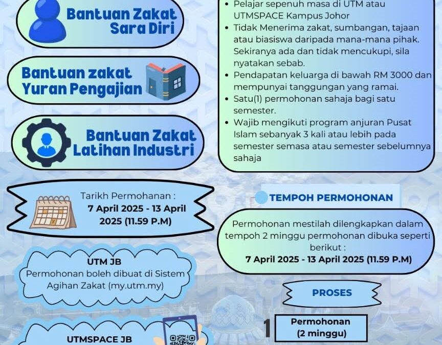 Permohonan Bantuan Zakat Pusat Islam UTM Johor Bahru (Zakat Sara Diri dan Yuran Pengajian) Ijazah Sarjana Muda (SSPB, SSPG) dan UTM-IDP Semester II Sesi 2024/2025